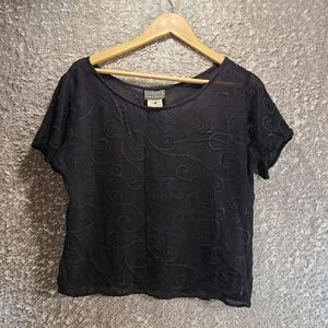 Vintage GHOST Blouse Made in England Tulle Mesh w/Embroidery Semi Sheer Black M
